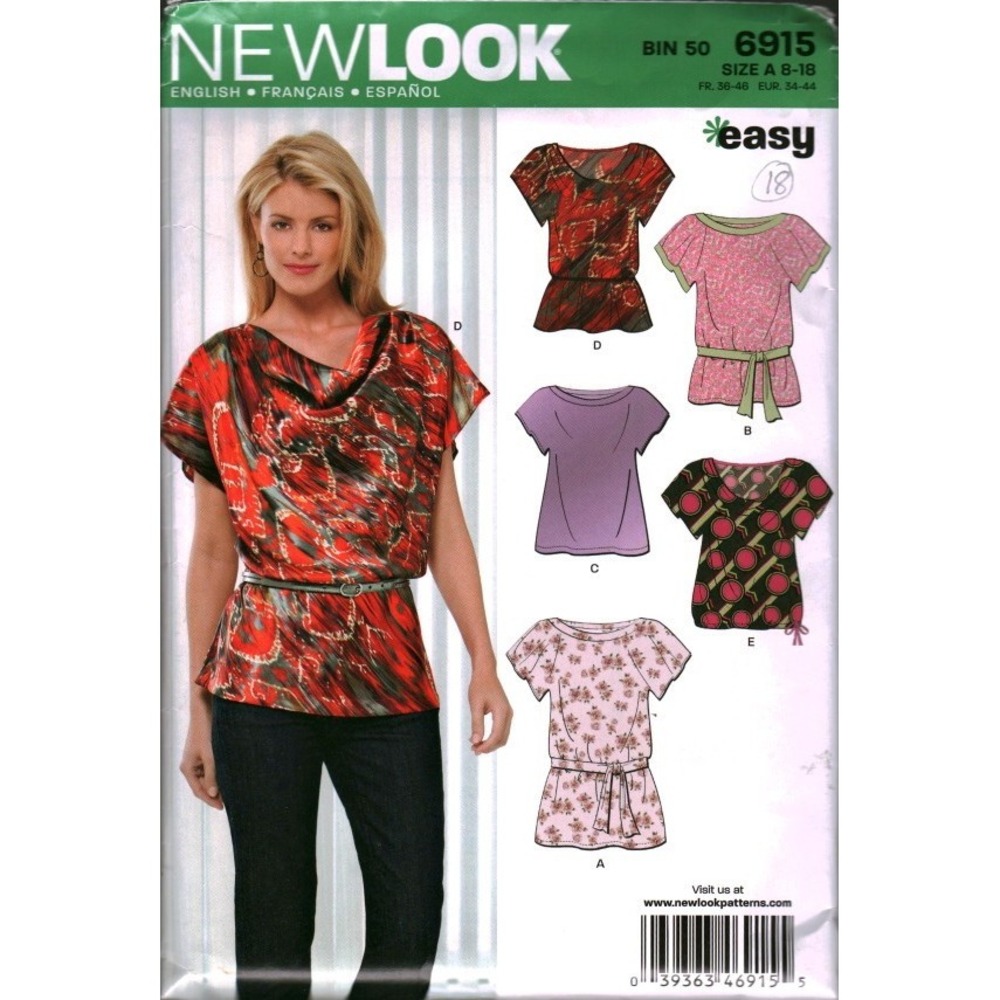 New Look 6915 Sewing Pattern Misses Easy Tops Cowl Scoop Neck Sizes 8-18